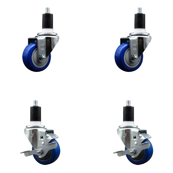 Service Caster 3'' SS Blue Poly Wheel Swivel 1-1/2'' Expanding Stem Caster Set 2 Brakes, 4PK SCC-SSEX20S314-PPUB-BLUE-2-TLB-2-112 - main